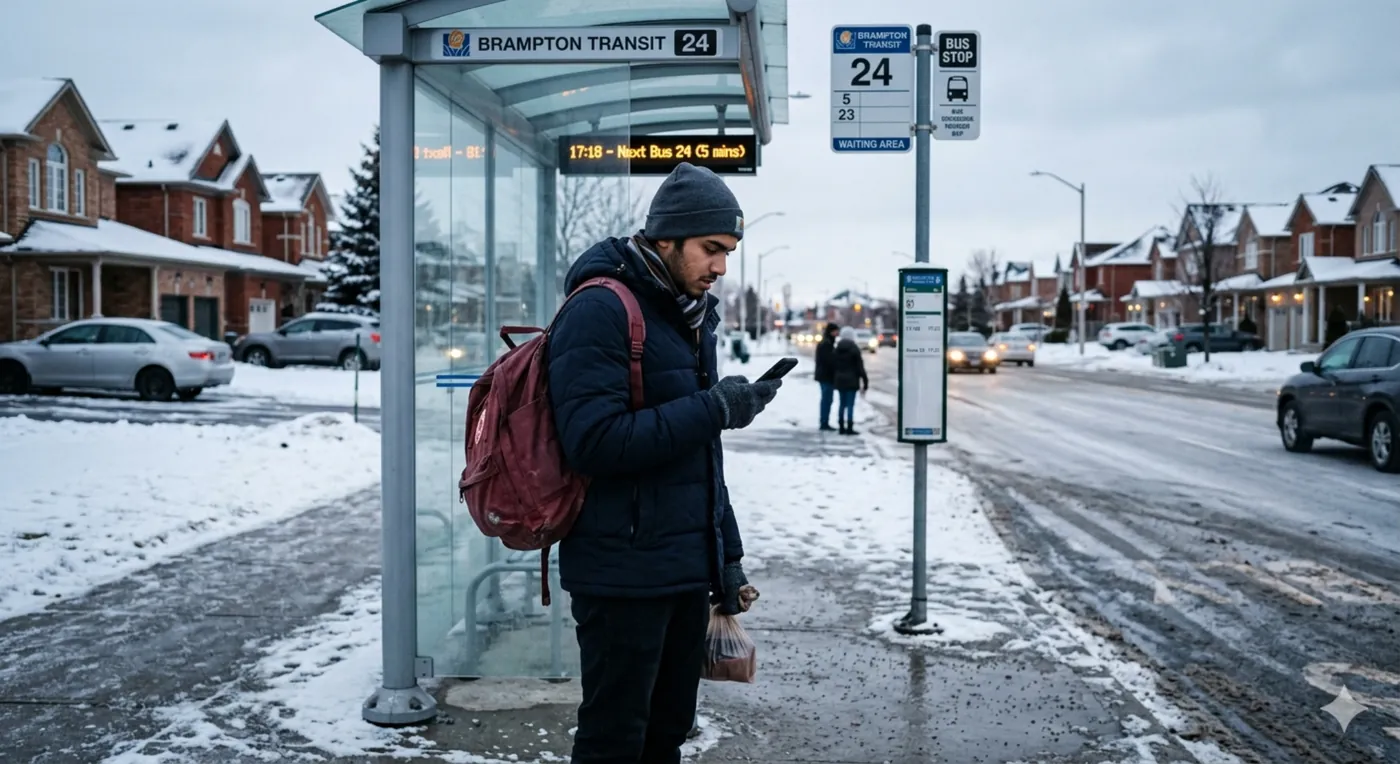 Student waiting at a Brampton transit stop in winter
