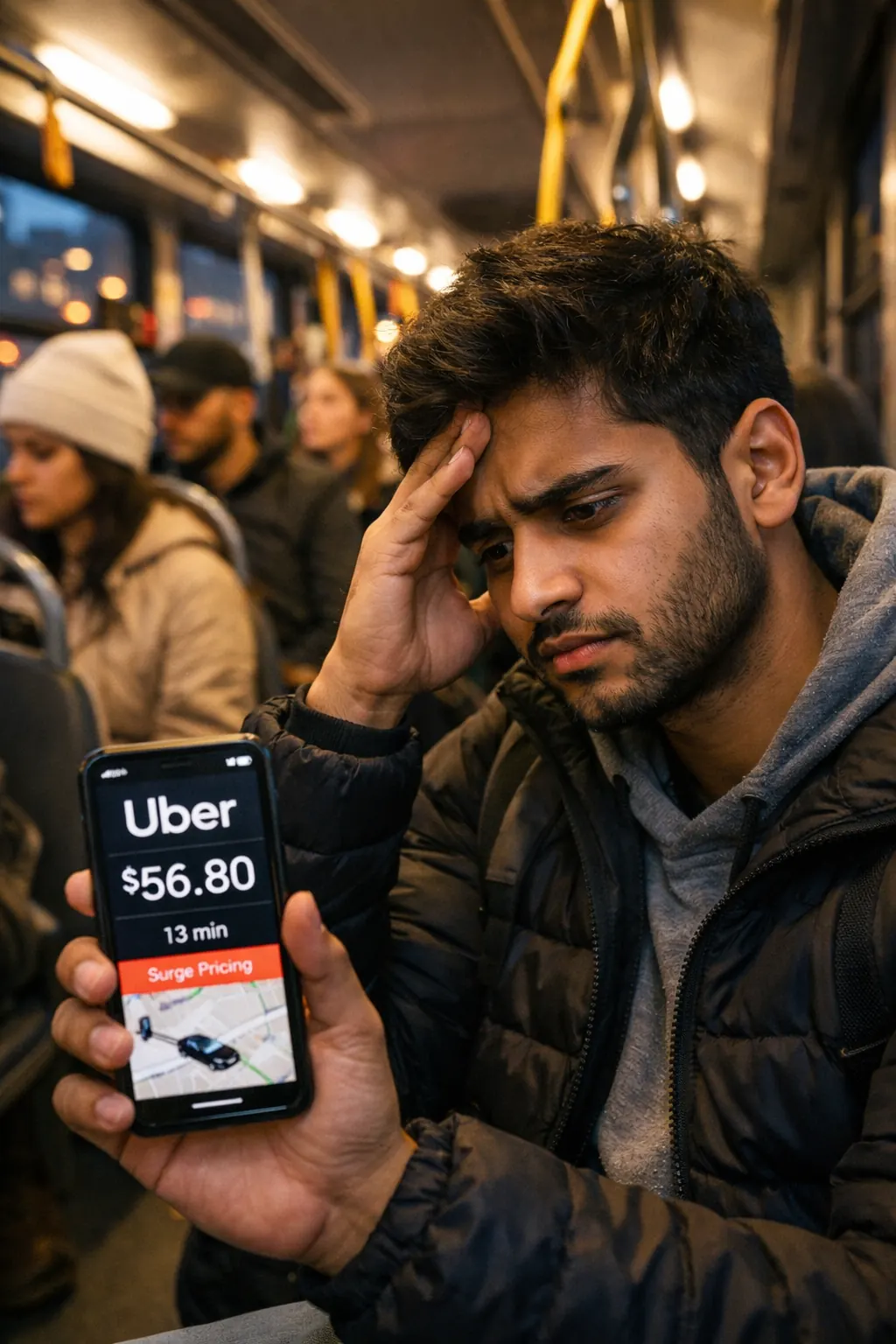 Student on a bus looking frustrated at an expensive ride price