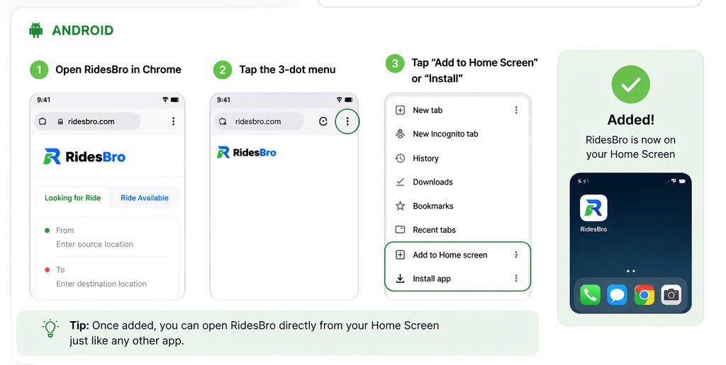 Android Chrome guide showing how to add RidesBro to Home Screen