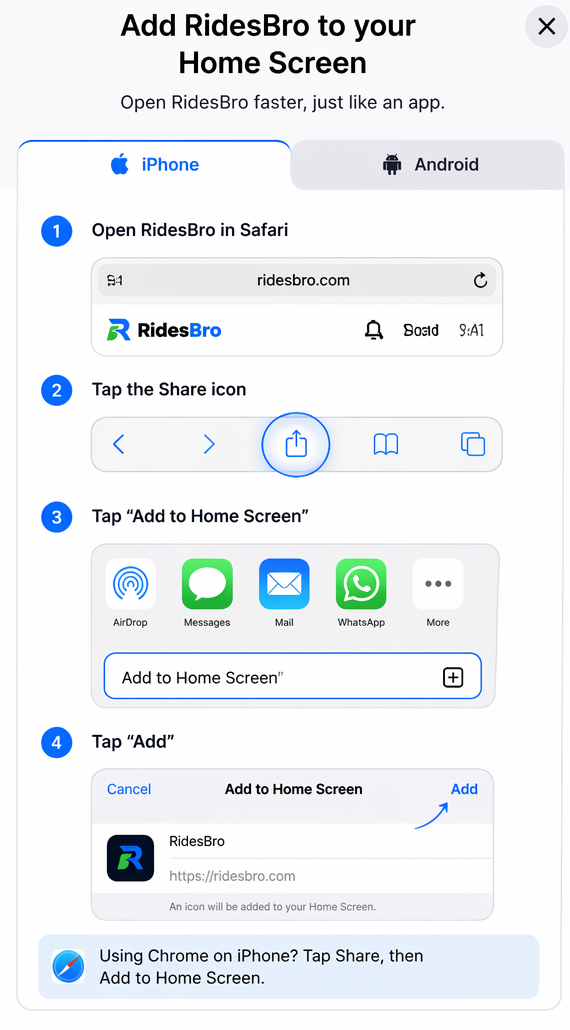 iPhone Safari guide showing how to add RidesBro to Home Screen